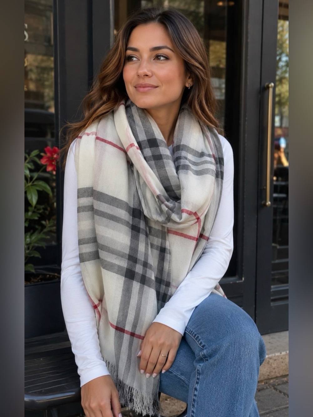 Fraas Plaid Blanket Scarf in Ivory, Gray & Red